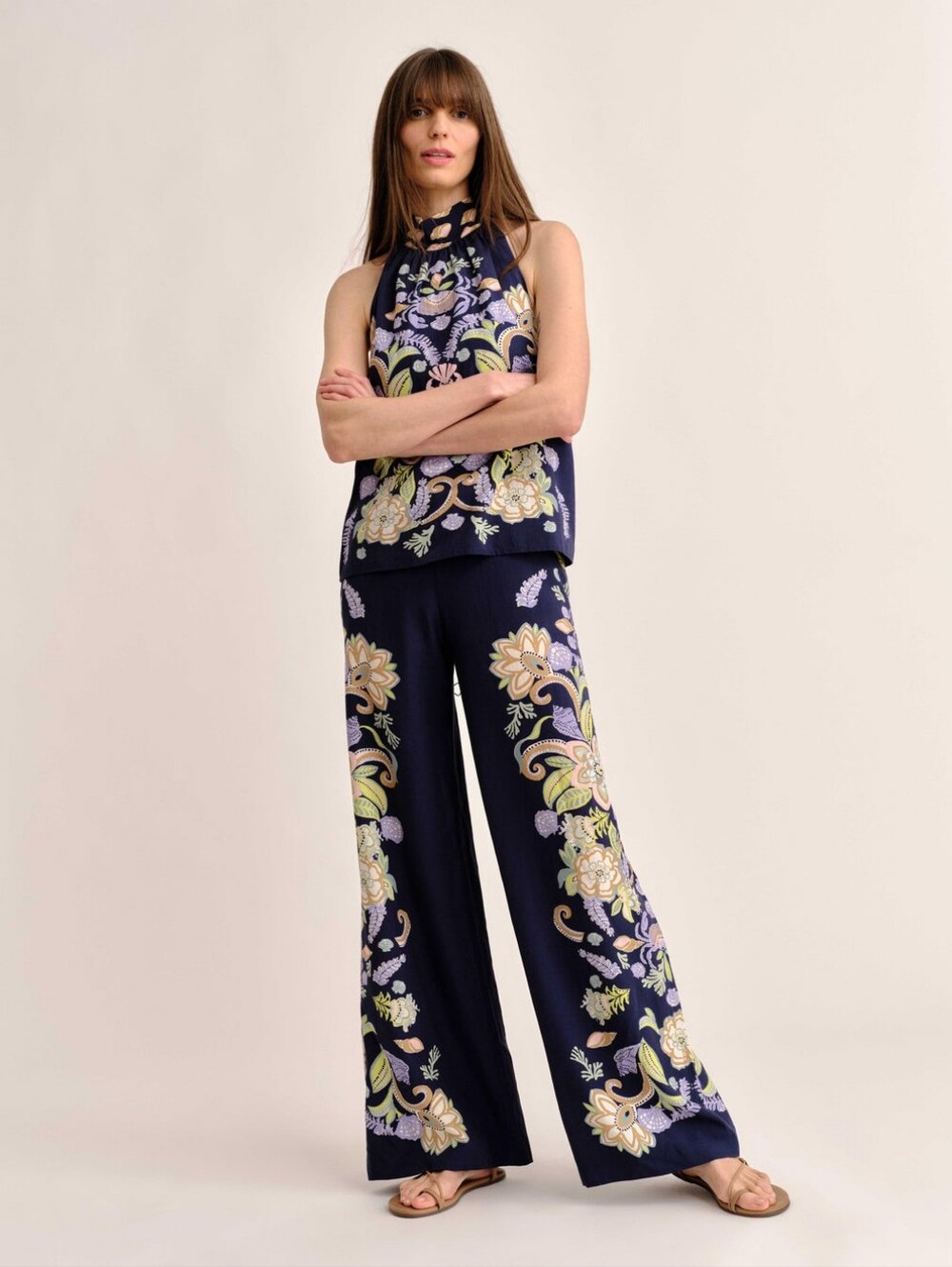 Cartolina Coord Set Olivia Wide Leg Pant Legare Halter Top in Mariner's Bloom M